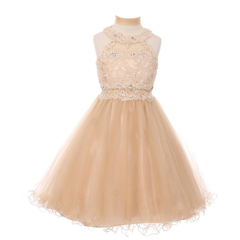 Little Girls Champagne Rhinestone Halter Neck Lace Flower Girl Dress 4-6 - SophiasStyle.com